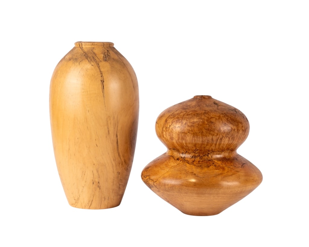 TWO MAPLE VASES BY BOB MILLER: Two maple vases by Bob Miller. Approximate dimensions: largest h. 10.5", dia. 6" Disclaimer: Participating bidders must have a credit card on file with LiveAuctioneers in order for their bidding