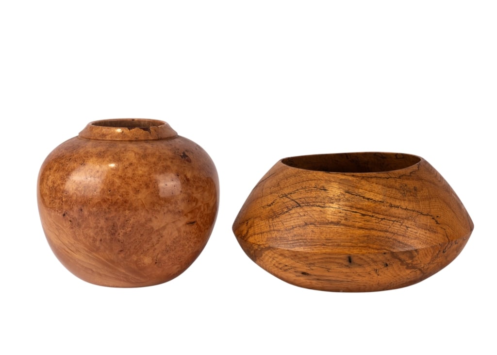 TWO SILVER BURL MAPLE VESSELS BY D. GOINS: Two silver burl maple vessels by D Goins. Approximate dimensions: largest h. 5", dia. 10" Disclaimer: Participating bidders must have a credit card on file with LiveAuctioneers in order for their