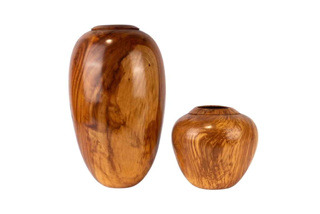 APPLEWOOD & CAMPHOR VASES BY D. GOINS: Applewood and camphor vases by D. Goins 9/95. Approximate dimensions: largest h. 16", dia. 9" Disclaimer: Participating bidders must have a credit card on file with LiveAuctioneers in order for their