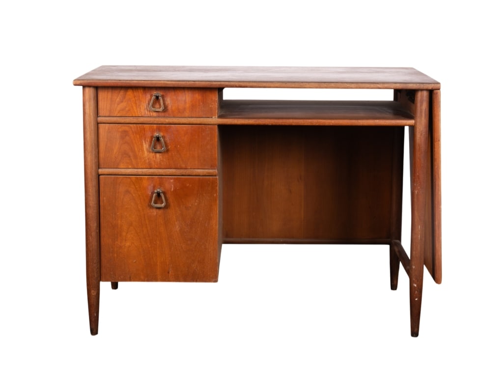 MCM HERITAGE HENREDON DROP LEAF DESK: MCM Heritage Henredon drop leaf desk. Approximate dimensions: h. 29", w. 39", d. 22" Disclaimer: Participating bidders must have a credit card on file with LiveAuctioneers in order for their bidding r