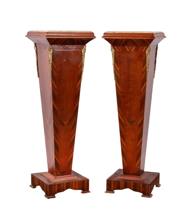 PAIR OF ART DECO MARBLE TOP PEDESTALS: Pair of Art Deco marble top pedestals with bronze mountings and faux marquetry. Approximate dimensions: h. 50", w. 16", d. 16" Disclaimer: Participating bidders must have a credit card on file with