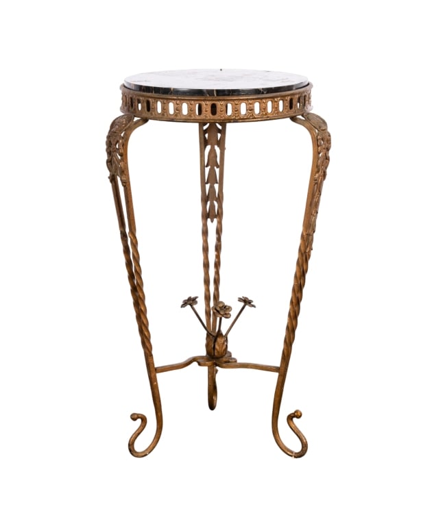 ITALIAN BRASS & MARBLE ACCENT TABLE: Italian brass & marble accent table with floral finial and decorative bow and floral details. Approximate dimensions: h. 27.5", dia. 16.5" Disclaimer: Participating bidders must have a credit card on
