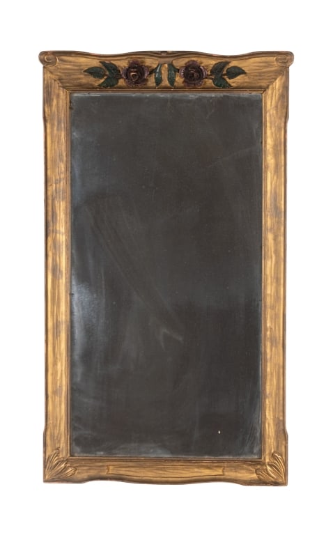 VINTAGE MIRROR WITH FLORAL ACCENTS: Vintage mirror with floral gilt accents to the top center. Approximate dimensions: h. 30.5", w. 18", d. 1" Disclaimer: Participating bidders must have a credit card on file with LiveAuctioneers in
