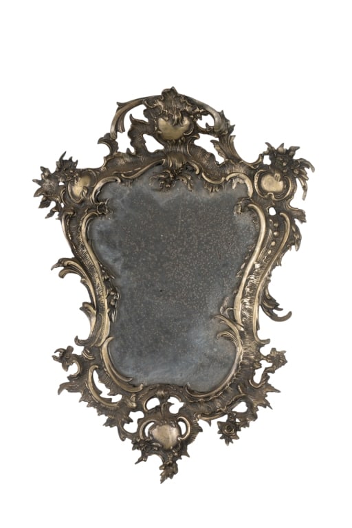 FRENCH ROCOCO STYLE METAL MIRROR: French Rococo Style metal mirror. Approximate dimensions: h. 28", w. 21", d. 3.5" Disclaimer: Participating bidders must have a credit card on file with LiveAuctioneers in order for their bidding