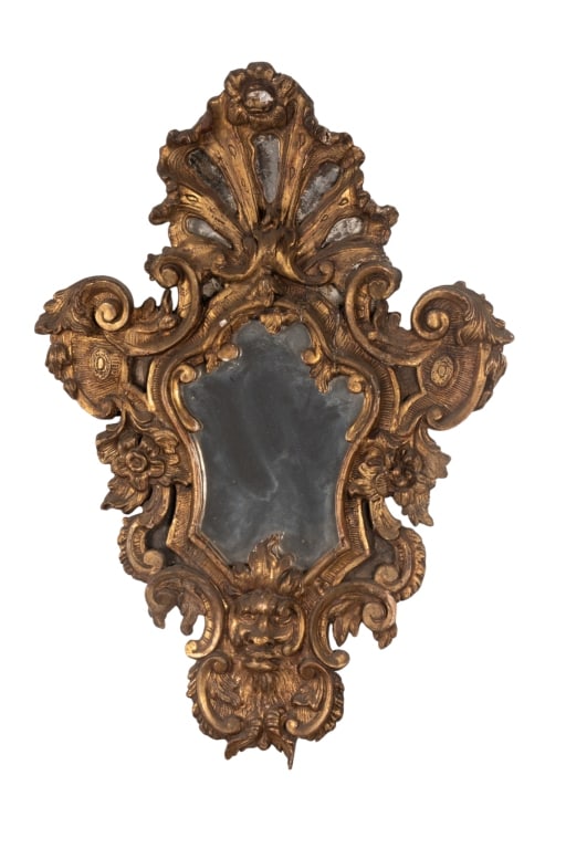 FRENCH ROCOCO STYLE WOODEN MIRROR: French Rococo Style wooden mirror. Approximate dimensions: h. 28", w. 18.5", d. 3" Disclaimer: Participating bidders must have a credit card on file with LiveAuctioneers in order for their bidding