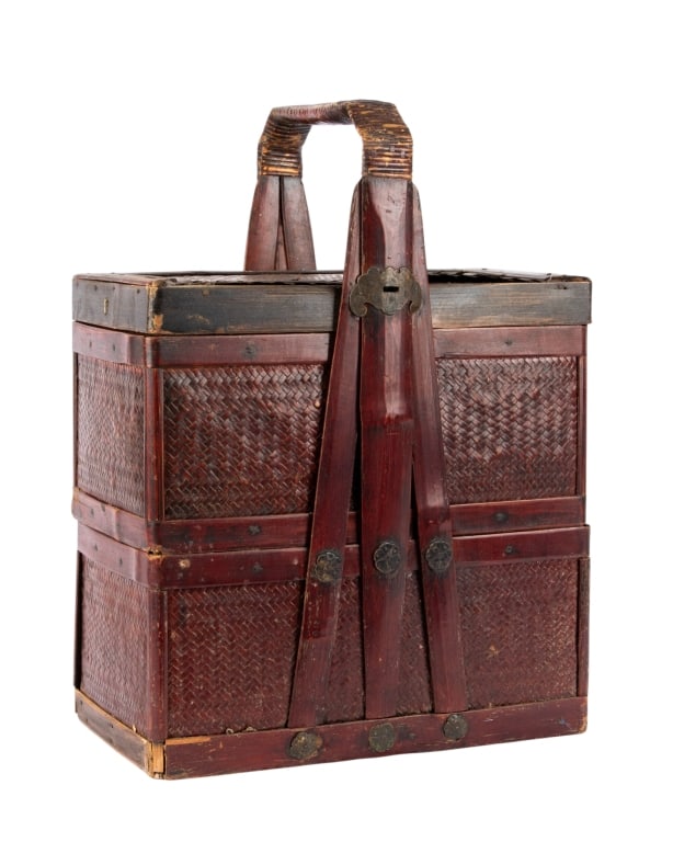 VINTAGE CHINESE WEDDING BASKET: Vintage Chinese wedding basket. Approximate dimensions: h. 18", w. 13.5", d. 8.5" Disclaimer: Participating bidders must have a credit card on file with LiveAuctioneers in order for their bidding