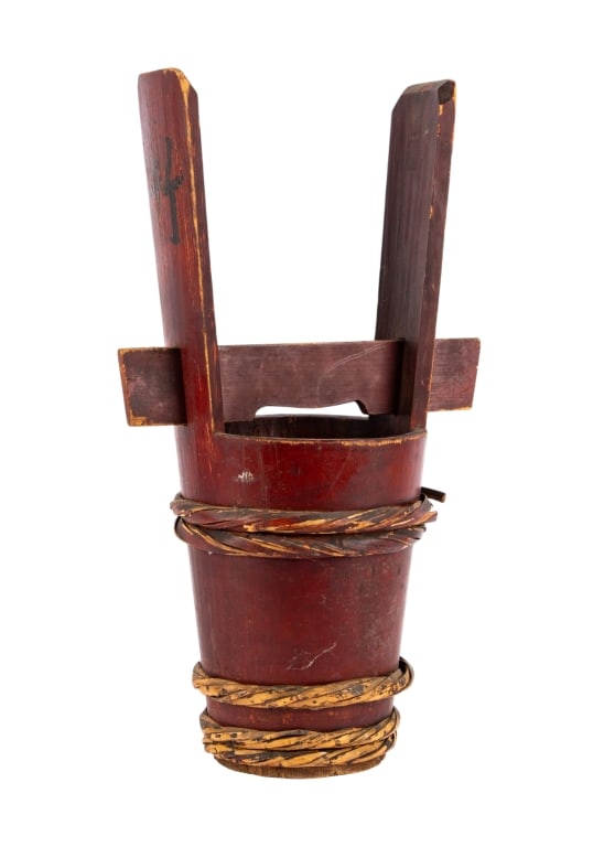 ANTIQUE CHINESE WATER BUCKET: Antique Chinese water bucket. Approximate dimensions: h. 22", dia. 8" Disclaimer: Participating bidders must have a credit card on file with LiveAuctioneers in order for their bidding registration to