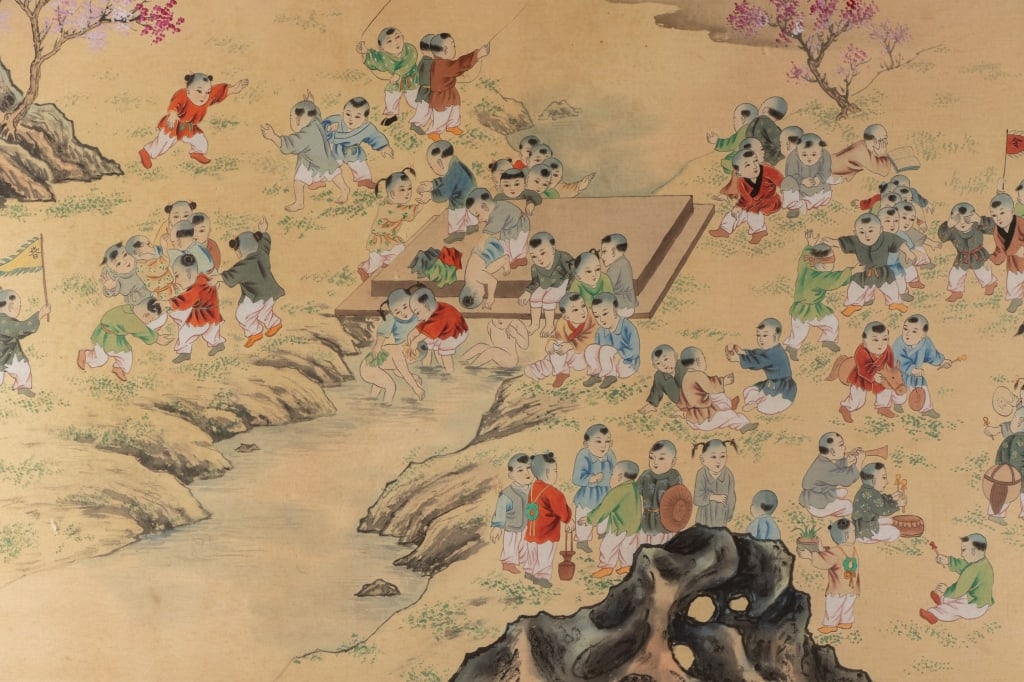 CHINESE 100 CHILDREN WATERCOLOR ON SILK - 4