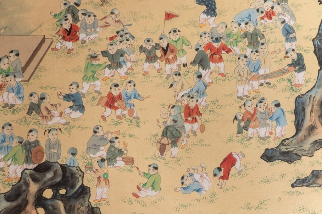 CHINESE 100 CHILDREN WATERCOLOR ON SILK - 8