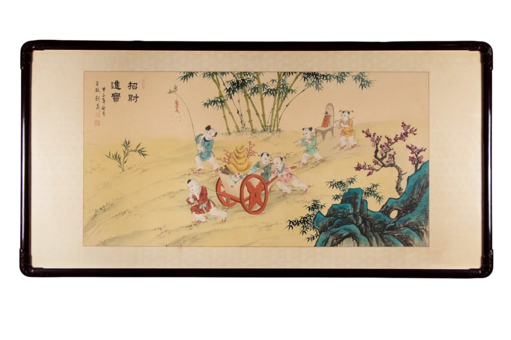 USHERING IN WEALTH AND FORTUNE, WATERCOLOR ON SILK: Ushering in wealth and fortune - watercolor on silk, signed to UL, framed. Approximate dimensions: h. 45.8", w. 96.5", d. 2" Disclaimer: Participating bidders must have a credit card on file with