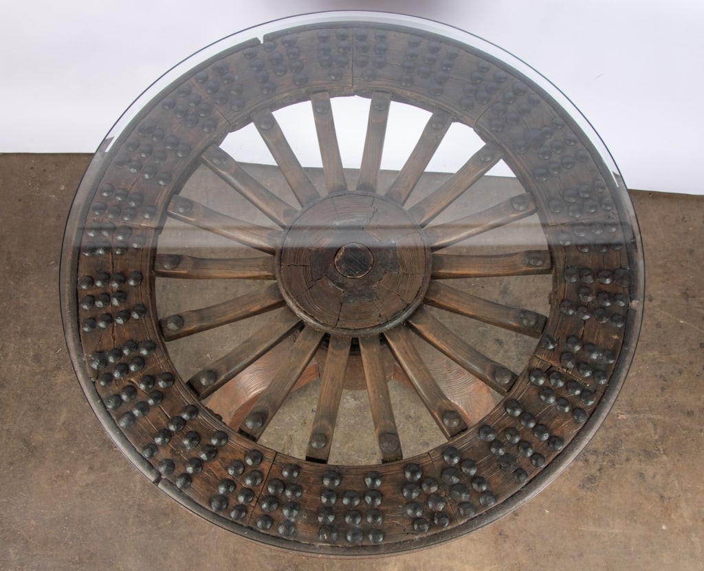 ANTIQUE CHINESE OXCART WHEEL ROUND TABLE - 3