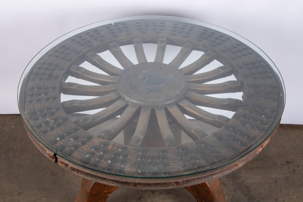 ANTIQUE CHINESE OXCART WHEEL ROUND TABLE - 4