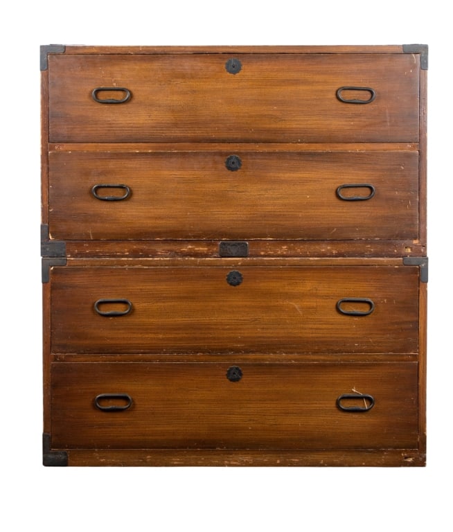 CHINESE CAMPAIGN STACKING CHEST OF DRAWERS: Chinese campaign stacking chest of drawers. 2 sections, camphor wood with black metal pulls and foliate escutcheons. Approximate dimensions: h. 41", w. 37", d. 18" Disclaimer: Participating bidders