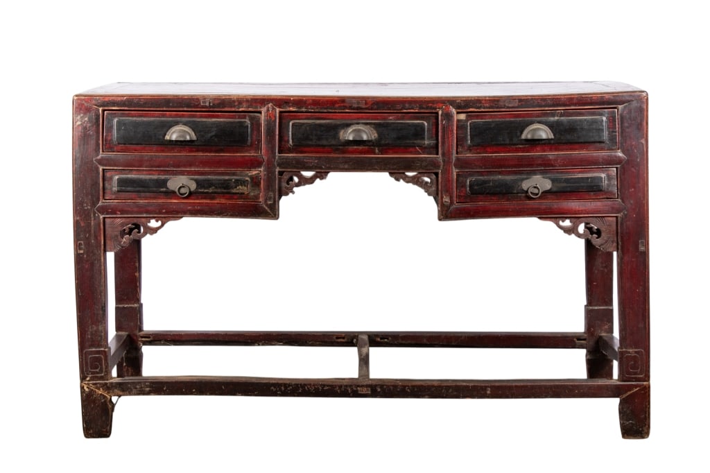 LATE QING DYNASTY CHINESE WRITING DESK: Late Qing dynasty Chinese red lacquer writing desk. Approximate dimensions: h. 33", w. 54", d. 23" Disclaimer: Participating bidders must have a credit card on file with LiveAuctioneers in order for