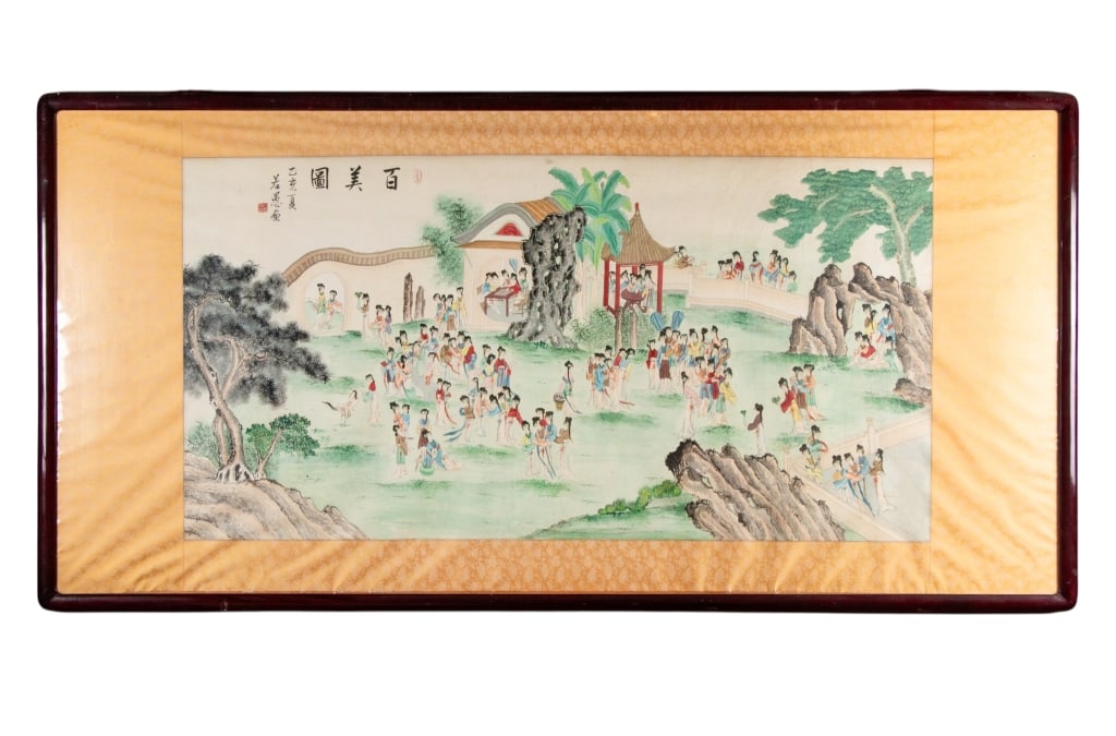 100 BEAUTIES, WATERCOLOR ON SILK: 100 beauties - watercolor on silk, signed to UL, framed. Approximate dimensions: h. 48.5", w. 96.5", d. 2" Disclaimer: Participating bidders must have a credit card on file with LiveAuctioneers in