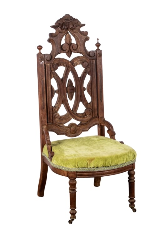 VICTORIAN LOWBOY SLIPPER CHAIR W/GREEN UPHOLSTERY: Victorian lowboy slipper chair with green upholstery. Approximate dimensions: h. 42.5", w. 18.5", d. 18" Disclaimer: Participating bidders must have a credit card on file with LiveAuctioneers in