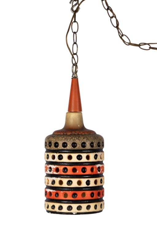 MCM MAURICE CHALVIGNAC STYLE CERAMIC PENDANT: MCM Maurice Chalvignac style ceramic pendant. Approximate dimensions: h. 17", dia. 7" Disclaimer: Participating bidders must have a credit card on file with LiveAuctioneers in order for their bidding