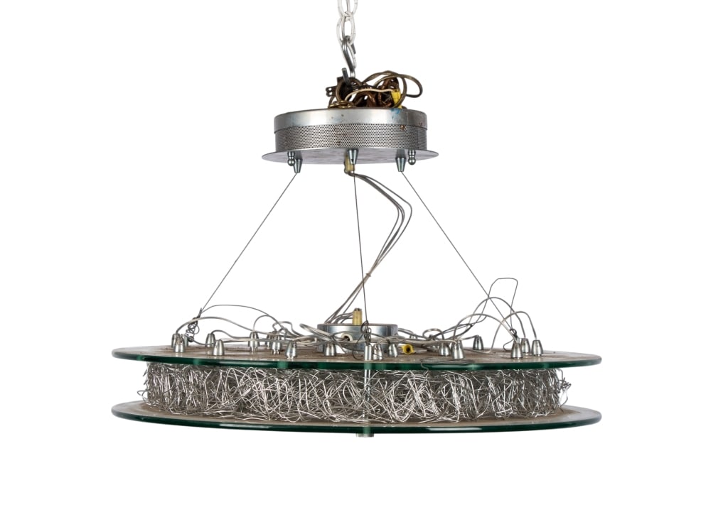 MODERN GLASS & METAL PENDANT LIGHT: Modern glass & metal pendant light. Approximate dimensions: h. 16", dia. 24" Disclaimer: Participating bidders must have a credit card on file with LiveAuctioneers in order for their bidding
