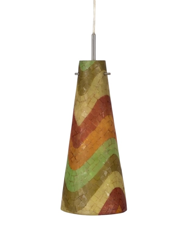 VINTAGE FIBERGLASS MOSAIC PENDANT LIGHT: Vintage fiberglass mosaic pendant light. Approximate dimensions: h. 17", dia. 6" Disclaimer: Participating bidders must have a credit card on file with LiveAuctioneers in order for their bidding