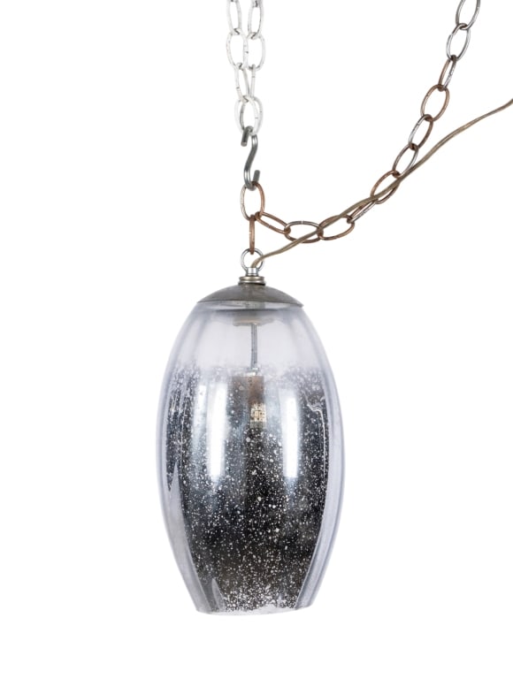 MCM SILVER TONE PENDANT LIGHT: Mid-century Modern silver tone pendant light. Approximate dimensions: h. 12", dia. 7" Disclaimer: Participating bidders must have a credit card on file with LiveAuctioneers in order for their bidding