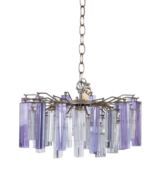 MID-CENTURY PURPLE & CLEAR GLASS CHANDELIER: Mid-century purple & clear glass chandelier. Approximate dimensions: h. 7", dia. 17" Disclaimer: Participating bidders must have a credit card on file with LiveAuctioneers in order for their bidding