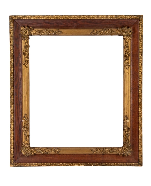 ORNATE PARTIAL GILT PICTURE FRAME: Ornate partial gilt picture frame. Approximate dimensions: h. 34", w. 29", d. 2" Disclaimer: Participating bidders must have a credit card on file with LiveAuctioneers in order for their bidding