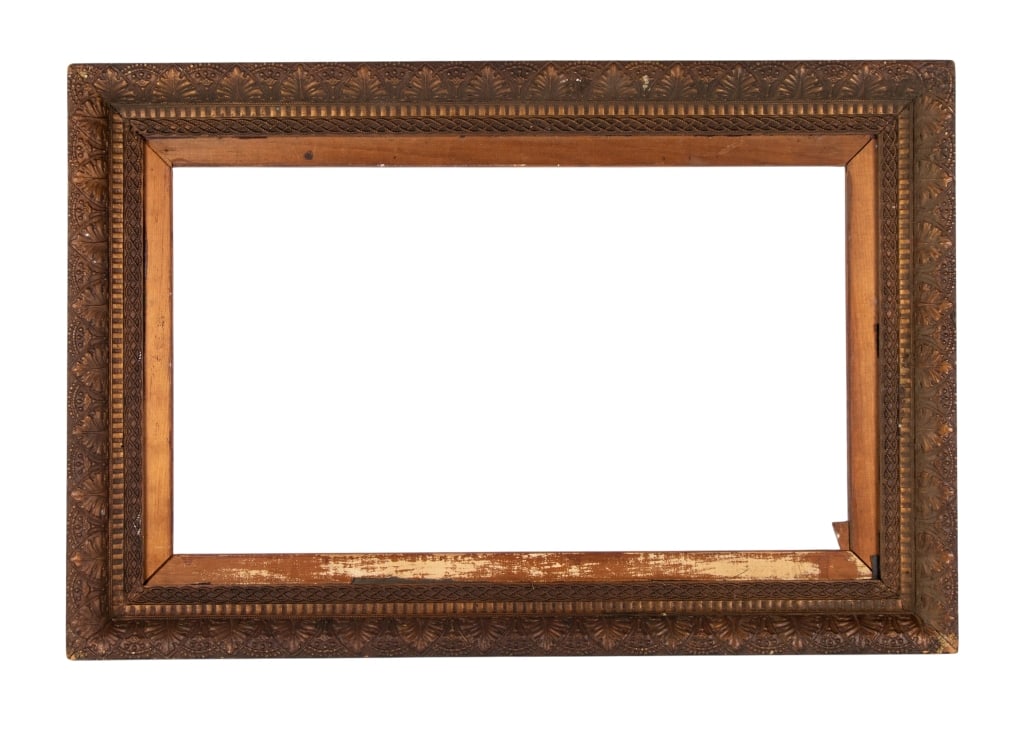 REGENCY STYLE CARVED WOODEN PICTURE FRAME: Regency style carved wooden picture frame. Approximate dimensions: h. 28", w. 42", d. 2" Disclaimer: Participating bidders must have a credit card on file with LiveAuctioneers in order for their