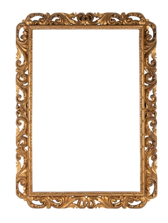 ITALIAN BAROQUE STYLE GILTWOOD PICTURE FRAME: Italian Baroque style giltwood picture frame. Approximate dimensions: h. 43", w. 30", d. 2" Disclaimer: Participating bidders must have a credit card on file with LiveAuctioneers in order for their