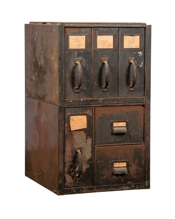 VINTAGE INDUSTRIAL CABINET: Vintage industrial cabinet. Approximate dimensions: h. 27", w. 16.5", d. 18" Disclaimer: Participating bidders must have a credit card on file with LiveAuctioneers in order for their bidding