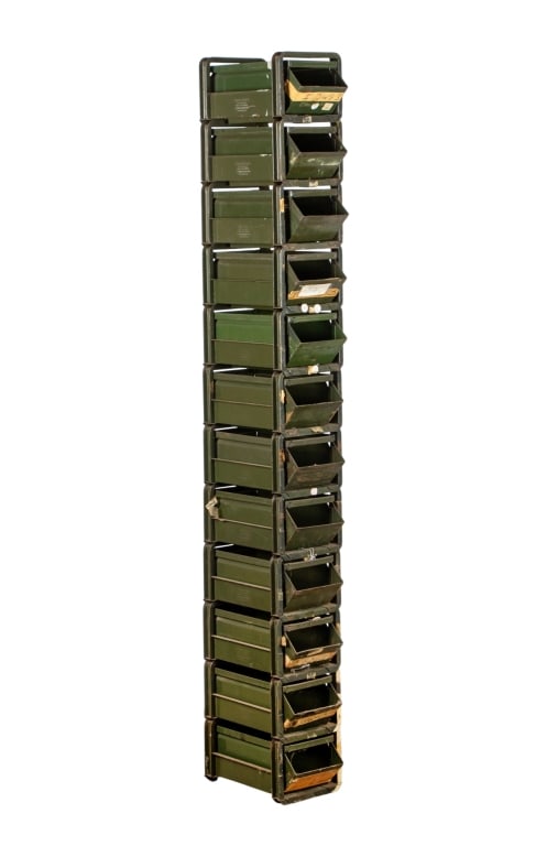 12 INDUSTRIAL STACKBIN STACKING BINS: 12 industrial Stackbin stacking bins. Made by Stackbin Corporation, Pawtucket, RI. Photo for reference only. All are functional, cosmetic condition varies. Approximate dimensions: 65.25", w. 7.25",