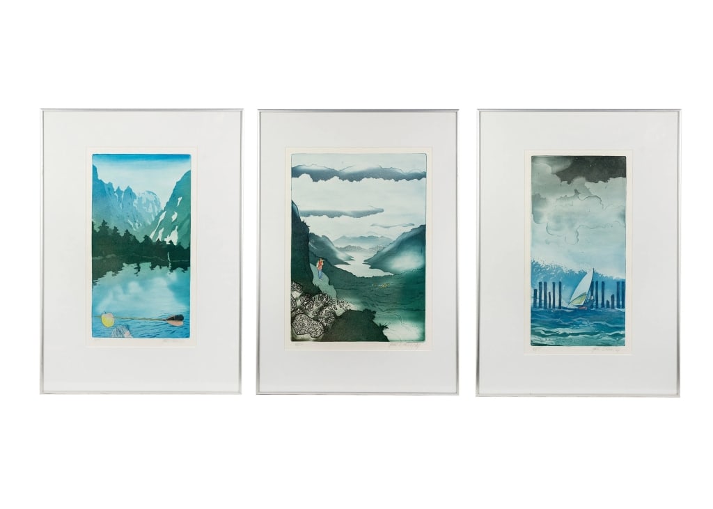 THREE SJOERD BAKKER LITHOGRAPHS: Sjoerd Bakker (Dutch, 1943-2022). 1) Titled 'Wind Surfing' depicting a windsurfer riding a wave. Pencil signed and dated '84' lower right and editioned 18/35 lower left. 2) Titled 'The Apple'
