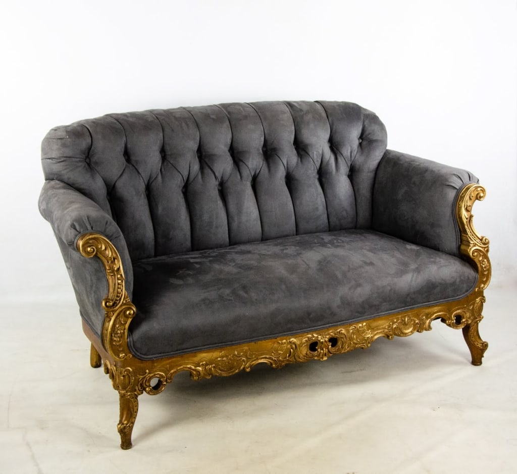 ANTIQUE FRENCH ROCOCO STYLE GREY TUFTED SETTEE - 11