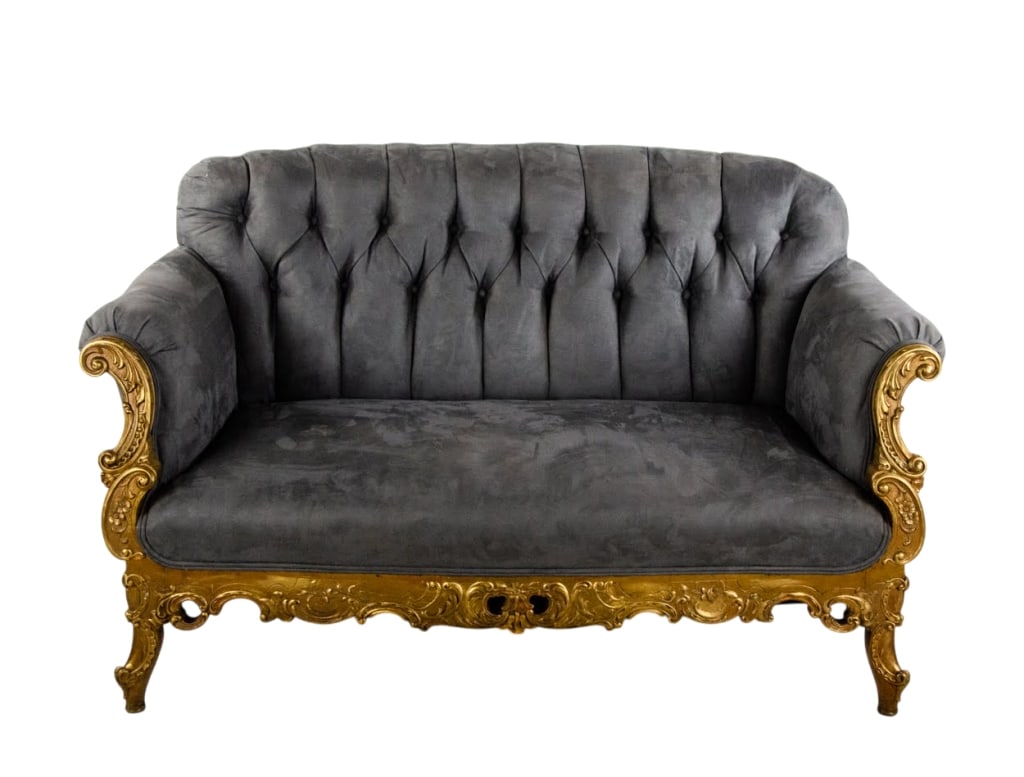 ANTIQUE FRENCH ROCOCO STYLE GREY TUFTED SETTEE: Antique French Rococo style grey tufted settee. Approximate dimensions: h. 34", w. 57", d. 32" Disclaimer: Participating bidders must have a credit card on file with LiveAuctioneers in order for