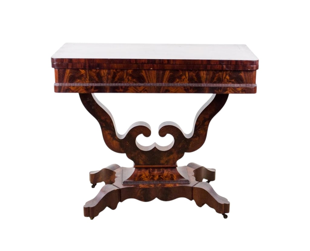 19TH C. MAHOGANY BURLWOOD OCCASIONAL TABLE: 19th century. Mahogany burlwood occasional table with carved legs and apron. Approximate dimensions: h. 30.5", w. 36", d. 17.5" Disclaimer: Participating bidders must have a credit card on file with