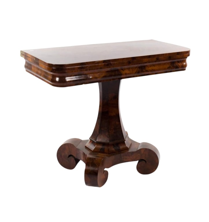 BIEDERMEIER STYLE BURLWOOD OCCASIONAL TABLE: Biedermeier style burlwood occasional table. Approximate dimensions: h. 29.25", w. 36", d. 17.75" Disclaimer: Participating bidders must have a credit card on file with LiveAuctioneers in order for