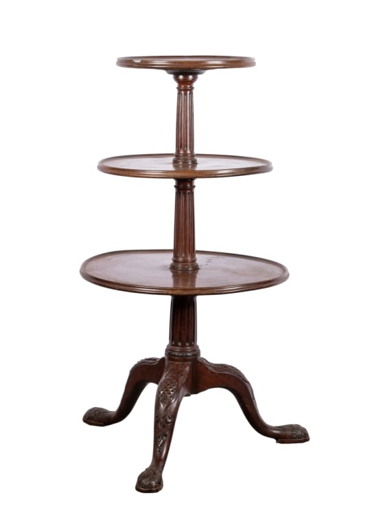 ENGLISH 3 TIER WALNUT DUMBWAITER: English 3-tier walnut dumbwaiter. Approximate dimensions: h. 46", dia. 24" Disclaimer: Participating bidders must have a credit card on file with LiveAuctioneers in order for their bidding