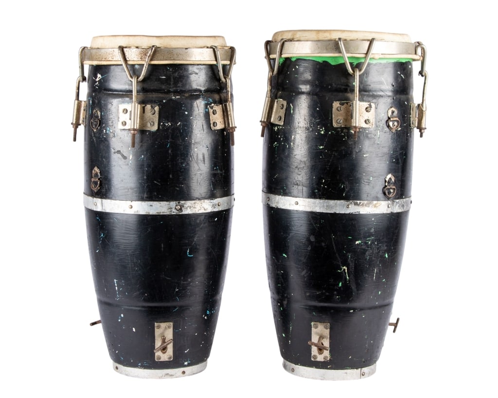 VINTAGE CONGA SET: Vintage Conga set. Approximate dimensions: h. 29.5", dia. 14" Disclaimer: Participating bidders must have a credit card on file with LiveAuctioneers in order for their bidding registration to be
