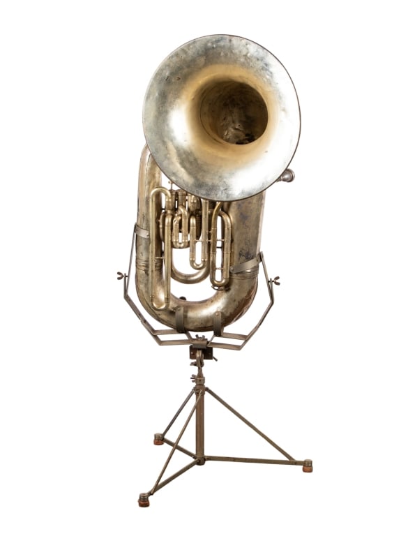 VINTAGE ENGLISH TUBA: Vintage English tuba. Approximate dimensions: h. 40", w. 19", d. 17" Disclaimer: Participating bidders must have a credit card on file with LiveAuctioneers in order for their bidding registration to b