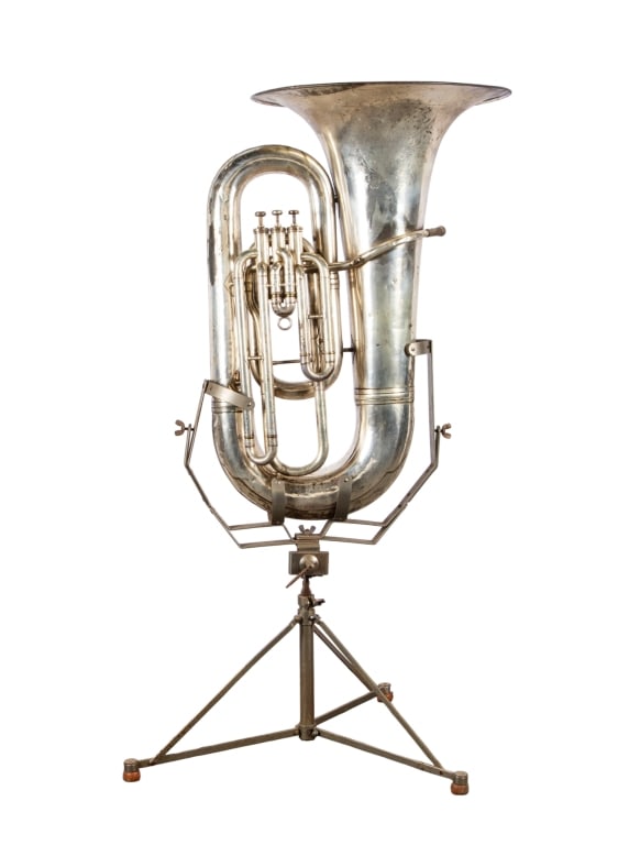 VINTAGE ENGLISH H. N. WHITE TUBA: Vintage English H. N. White tuba. Approximate dimensions: with stand h. 52", w. 24", d. 20" Disclaimer: Participating bidders must have a credit card on file with LiveAuctioneers in order for their