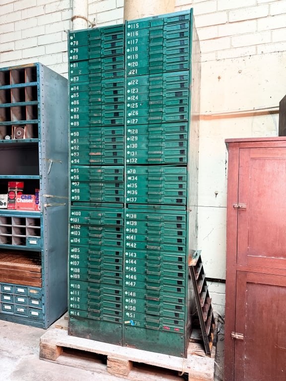 LARGE INDUSTRIAL METAL PARTS CABINET: Large industrial metal parts cabinet. Approximate dimensions: h. 84.25", w. 33", d. 23.75" Disclaimer: Participating bidders must have a credit card on file with LiveAuctioneers in order for their