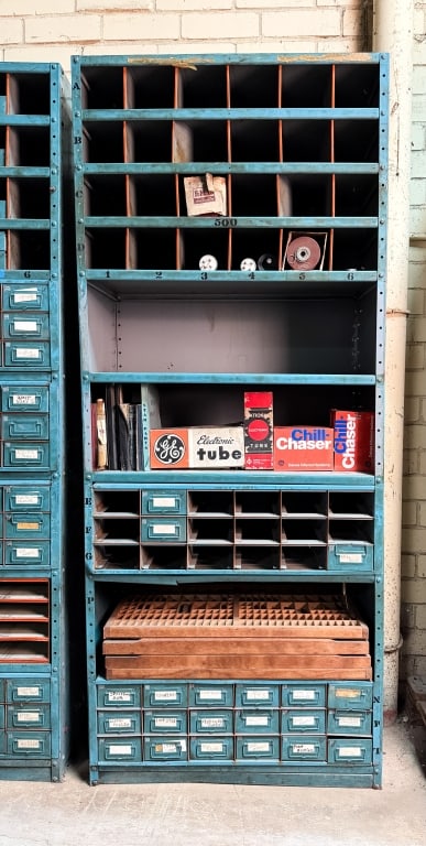 VINTAGE INDUSTRIAL MULTI COMPARTMENT CABINET: Vintage industrial multi compartment cabinet. Approximate dimensions: h. 87", w. 35", d. 18" Disclaimer: Participating bidders must have a credit card on file with LiveAuctioneers in order for their