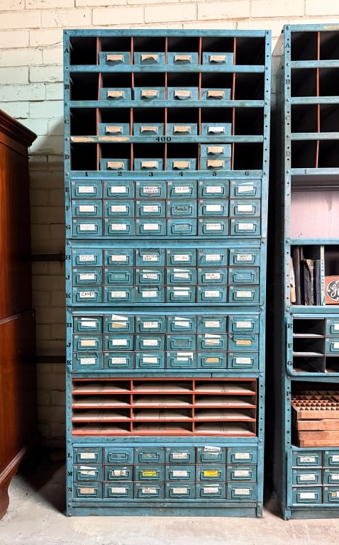 VINTAGE INDUSTRIAL MULTI COMPARTMENT CABINET: Vintage industrial multi compartment cabinet. Approximate dimensions: h. 87", w. 35", d. 18" Disclaimer: Participating bidders must have a credit card on file with LiveAuctioneers in order for their b