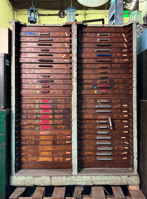 MONUMENTAL LUDLOW OAK MULTI DRAWER CABINET: Monumental Ludlow oak multi drawer cabinet. Approximate dimensions: h. 62", w. 50.25", d. 33" Disclaimer: Participating bidders must have a credit card on file with LiveAuctioneers in order for their 