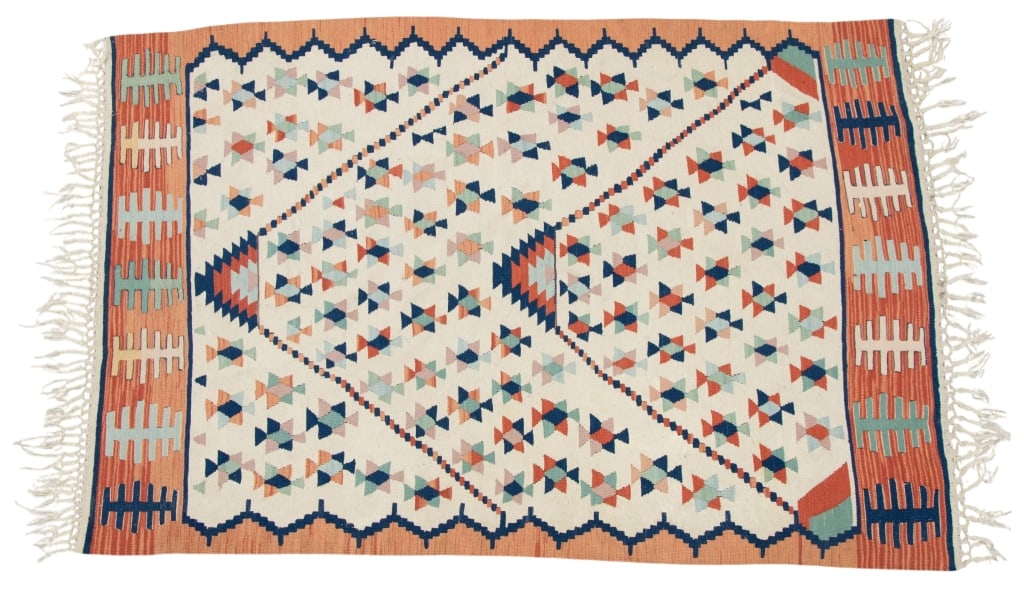 VINTAGE TURKISH KILIM RUG: Vintage Turkish Kilim rug Approximate dimensions: l. 66", w. 45" Disclaimer: Participating bidders must have a credit card on file with LiveAuctioneers in order for their bidding registration to be