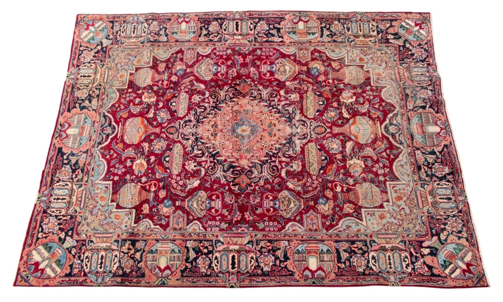 VINTAGE TABRIZ AREA RUG: Vintage Tabriz area rug. Approximate dimensions: l. 9'5", w. 12'8" Disclaimer: Participating bidders must have a credit card on file with LiveAuctioneers in order for their bidding registration to be
