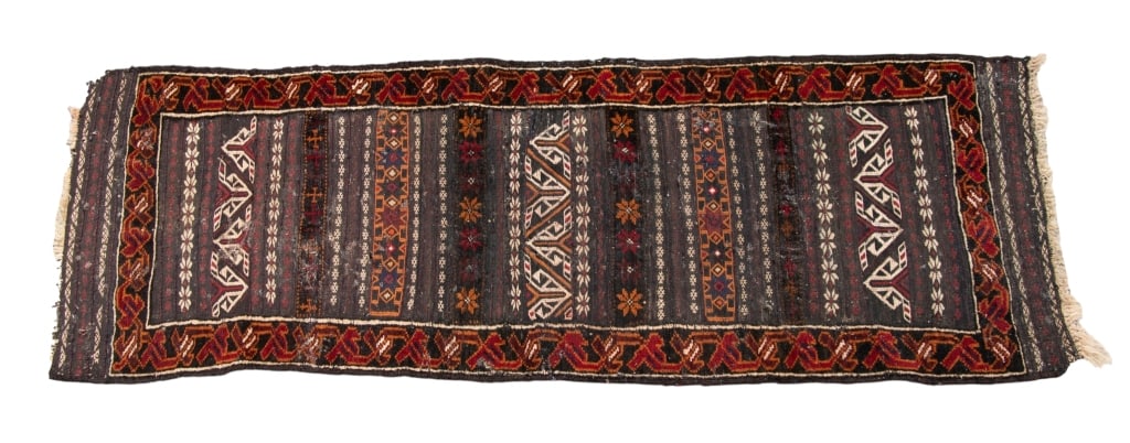 PERSIAN WOOL SUMAK RUNNER: Persian wool Sumak rug. Approximate dimensions: l. 2.4", w. 6'5" Disclaimer: Participating bidders must have a credit card on file with LiveAuctioneers in order for their bidding registration to be