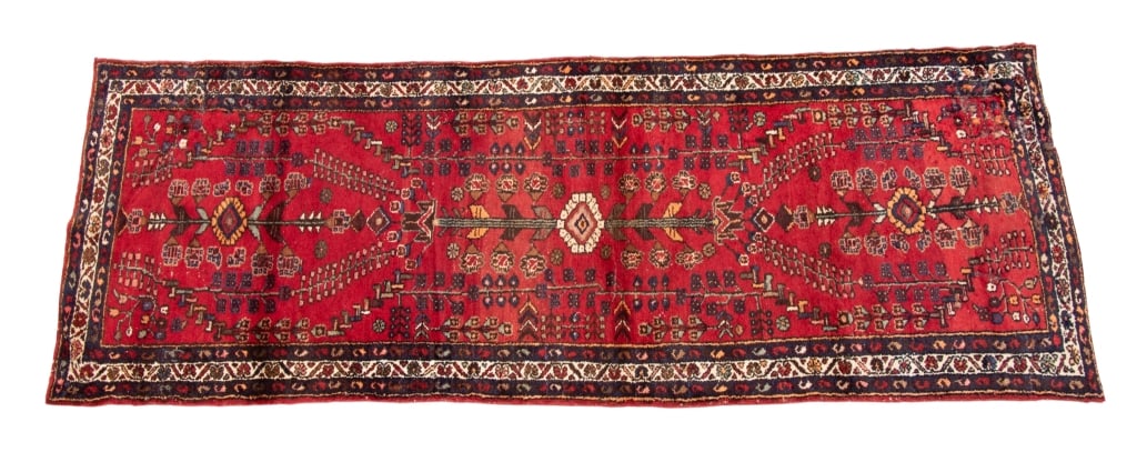 VINTAGE PERSIAN HAMADAN RUNNER: Vintage Persian Hamadan runner. Approximate dimensions: l. 3'6", w. 9'6" Disclaimer: Participating bidders must have a credit card on file with LiveAuctioneers in order for their bidding registration 