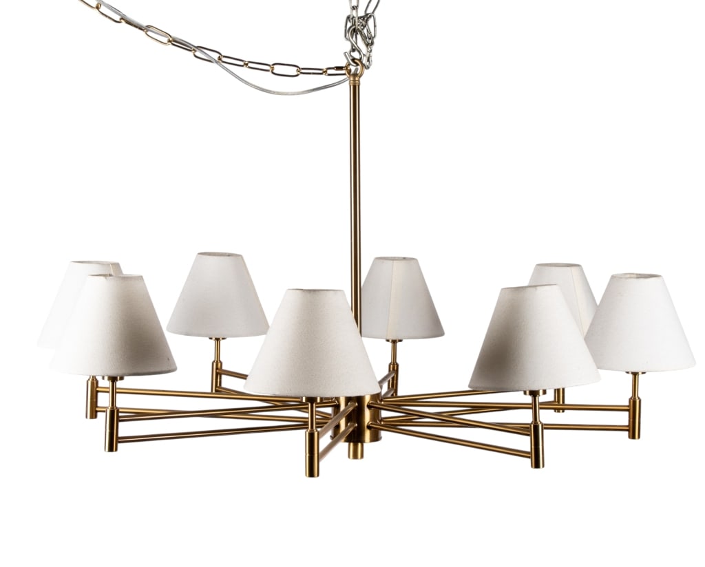 CONTEMPORARY 8-LIGHT CHANDELIER: Contemporary 8-light chandelier. Approximate dimensions: h. 24", dia. 40" Disclaimer: Participating bidders must have a credit card on file with LiveAuctioneers in order for their bidding