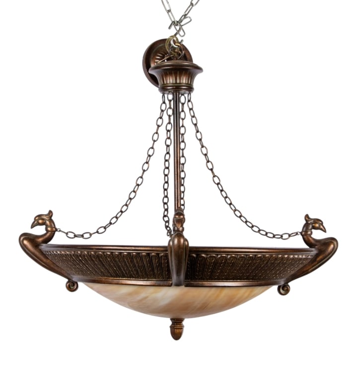 MODERN NEOCLASSICAL STYLE PENDANT LIGHT: Modern neoclassical style pendant light. Approximate dimensions: h. 32", dia. 29" Disclaimer: Participating bidders must have a credit card on file with LiveAuctioneers in order for their bidding