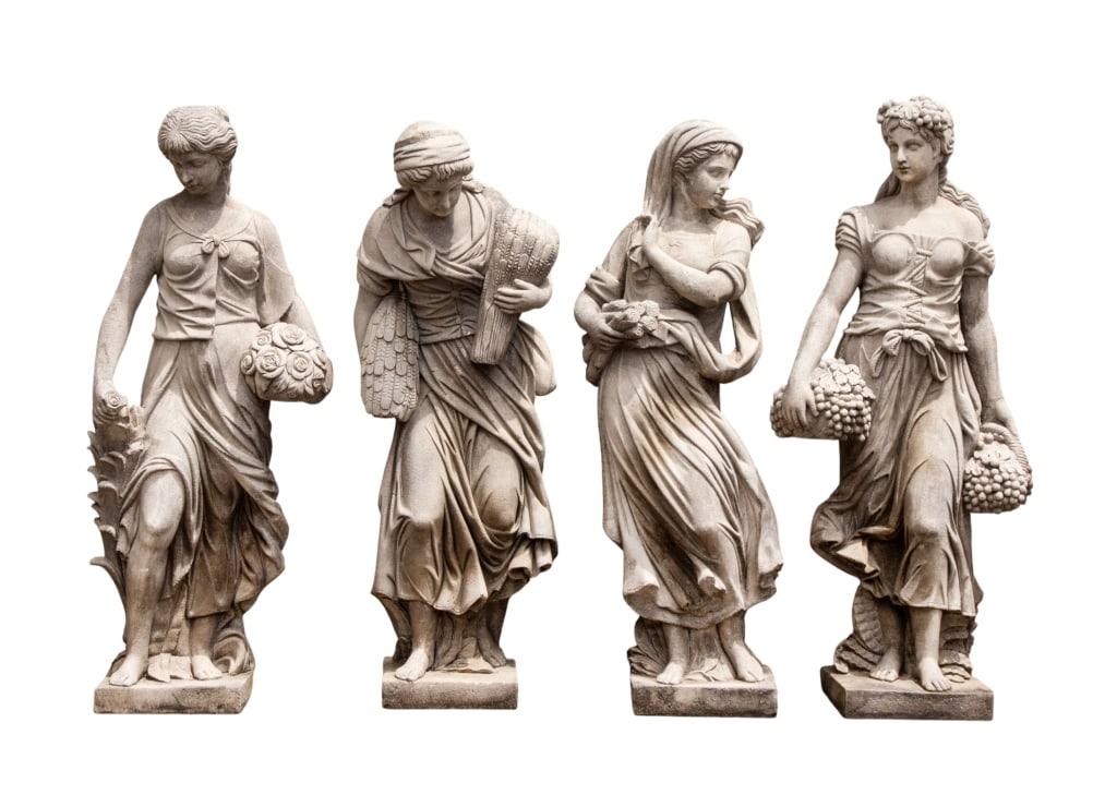 FOUR SEASONS CAST CONCRETE GARDEN SCULPTURES: Four Seasons cast concrete garden sculptures. Approximate dimensions: h. 63.5", w. 25", d. 15" Disclaimer: Participating bidders must have a credit card on file with LiveAuctioneers in order for